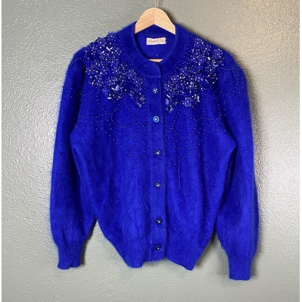 VTG Connie A Lee Women's Size M L COBALT 80% Angora Fluffy Furry Vibrant Sweater